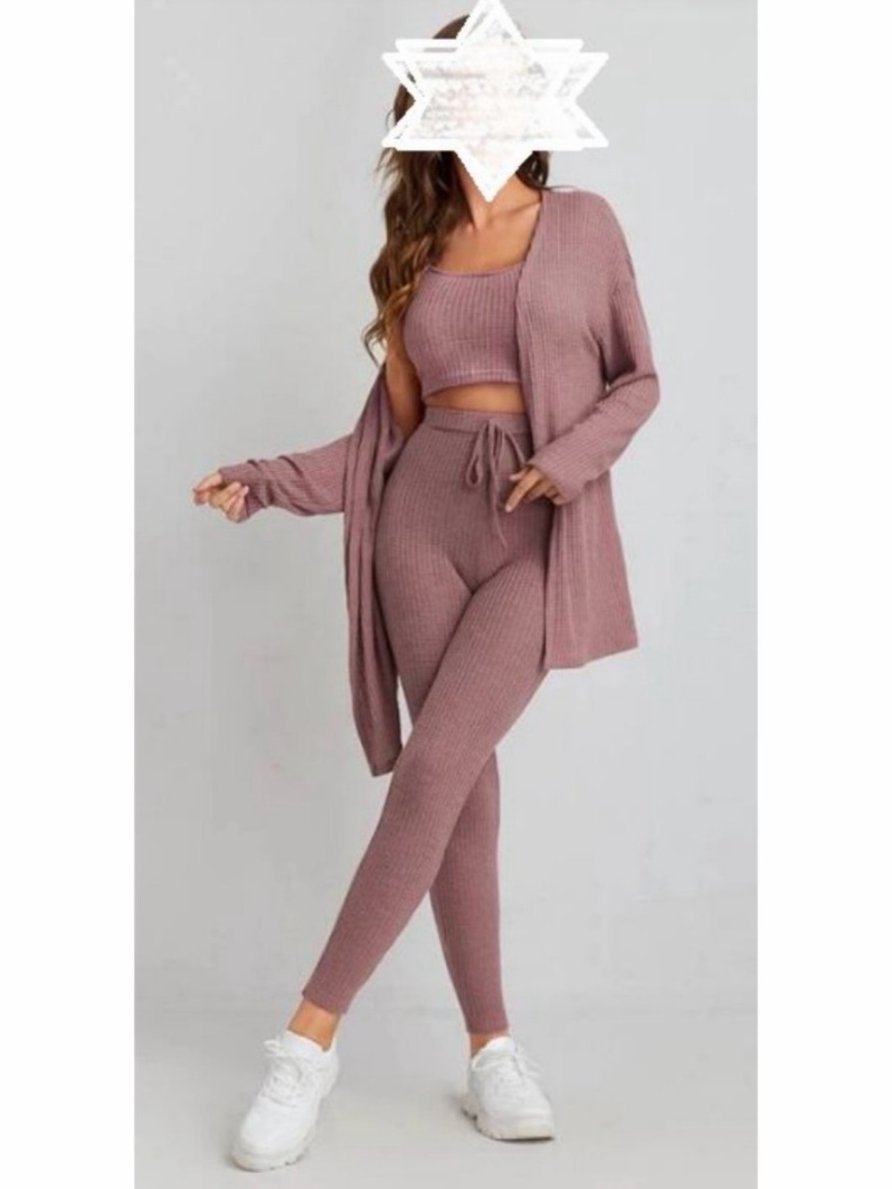 Ribbed 3 Three-Piece Lounge Set in Mauve pants top light cardigan sweater size S